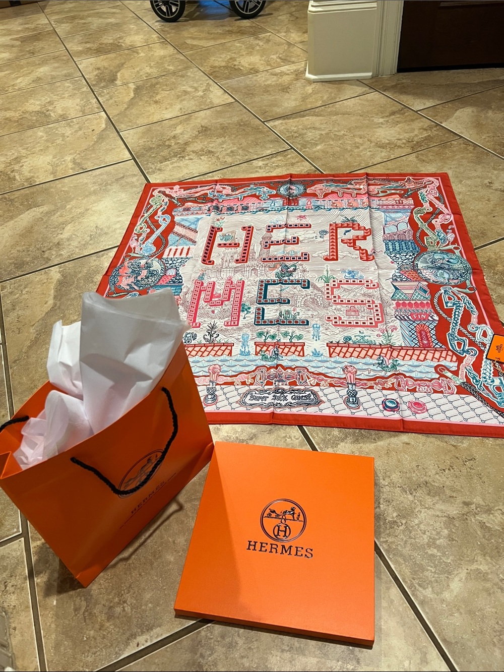Hermes Red Multicolor Silk Scarf with Graphic Motif new with tags box and bag